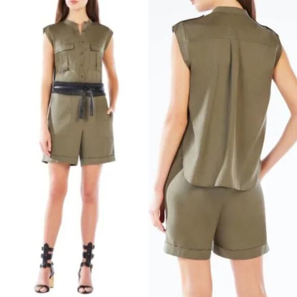 BCBGMaxAzria Olive Button Up Sleeveless Romper Size 8 - Picture 1 of 13